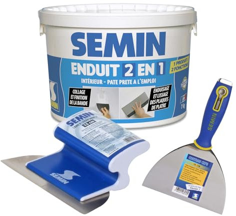 Semin A06057 Enduit 2 en 1 Multifonctions - Joint et Lissage Plaque de Plâtre, Intérieur, Seau de 7 kg, A06570 Couteau à Enduire, 15 cm et A06318 Lame CE 78 pour Enduire et Lisser, 15 cm