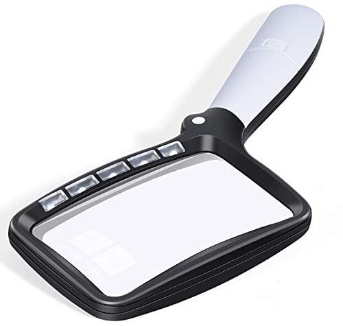 Kaome Klappbar Leselupe Groß 5 LED Lupe mit Licht 2-Fach Handlupe 2 Modi Dimmbar Vergrößerungsglas für Senioren Lesen Inspektion Hobby Handwerk Uhrmacher Münzen Briefmarken Antiquitäten Schmuck