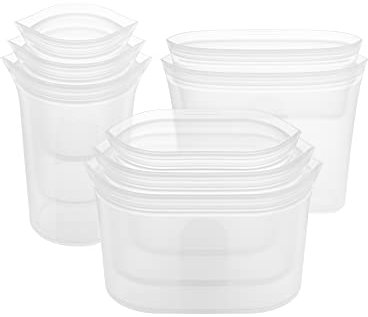 Zip Top Reusable 100% Silicone Food Storage Bags and Containers - Full Set- 3 Cups, 3 Dishes & 2 Bags - Frost