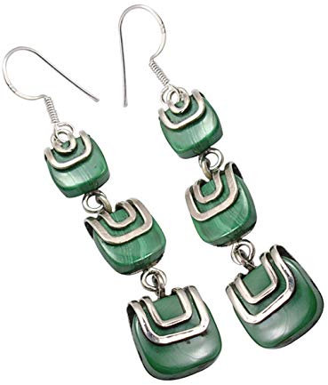 SilverStarJewel Sterling Silber Quadrat Cabochon Malachit Lange Ohrringe 5,8 cm Bijoux