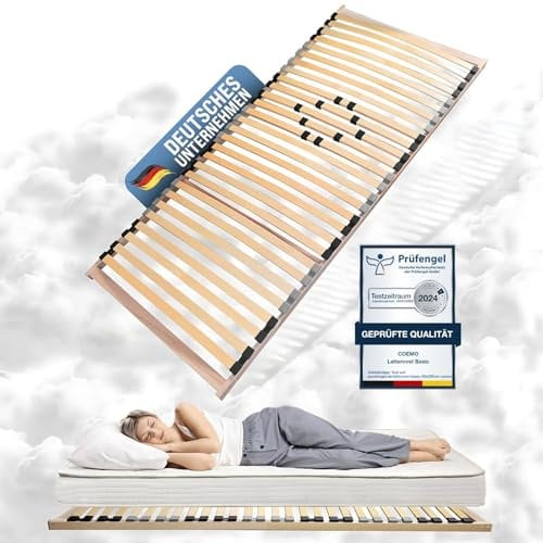 Coemo Stabiler 7-Zonen Lattenrost Basic | Lattenrahmen starr 140 x 220 cm | 32 Leisten | Duo-Kappen | Härtegrad-Regulierung 4-Fach einstellbar | Bettrahmen Buche Rahmen | Made in Europe