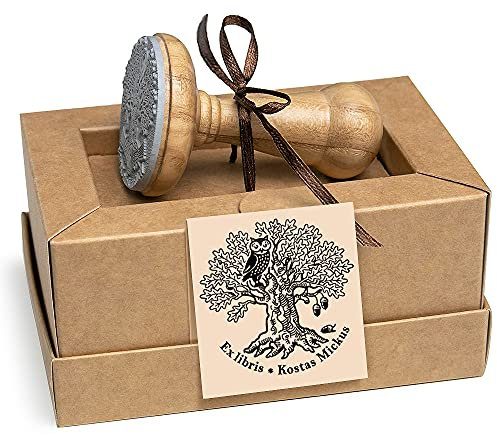 Stempel Eule, Ex libris, Weise Eule Vogel, Eiche Baum Eicheln Blätter Motivstempel Holz Rund 40 mm, Einzigartige Kraft Geschenkbox