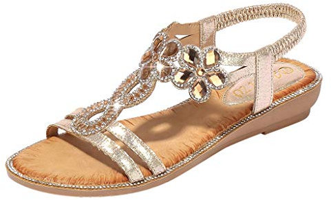 Sandalen Frauen Böhmen Sommer Bling Flower Crystal Flat Beach Freizeitschuhe (39,3Gold)