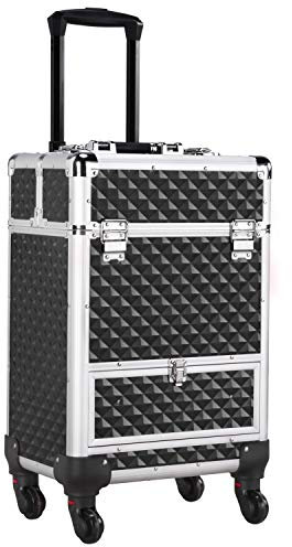 costoffs Makeup Case Professional Beauty Trolley Case Extra Large Cosmetic Storage Organiser with a Drawer and 360 Degree Wheels, Black