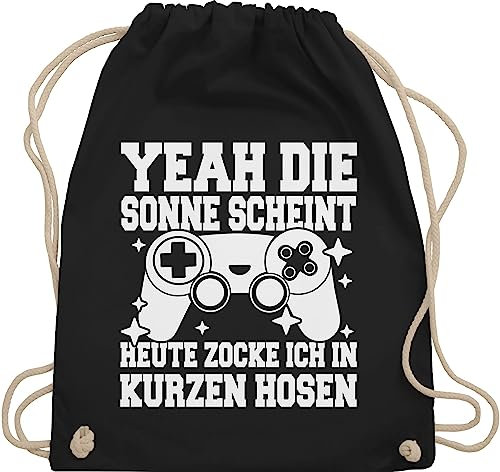 Turnbeutel Rucksack - Nerd Geschenke - Yeah die Sonne scheint! Heute zocke ich in kurzen Hosen - weiß - Unisize - Schwarz - gaming geschenk zocker gamer beutel für computer nerds zocken datteln