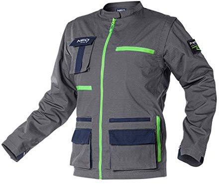 NEO TOOLS Herren Premium 2-in-1 Arbeitsjacke und -Weste, 100% Baumwolle 210 g/m2, Ripstop, Gr. XS-3XL, Stehkragen, abnehmbare Ärmel mit regulierbaren Manschetten, reflektierende Elemente