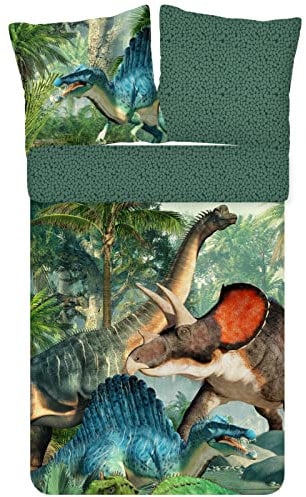ESPiCO Bettwäsche Trendy Bedding Jurassic Dino Saurier Spinosaurus Triceratops Schuppenmuster Grün Wald Renforcé, Größe:135 cm x 200 cm
