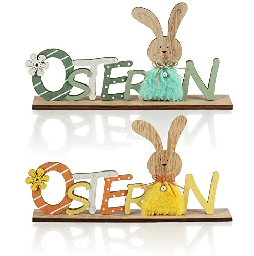 com-four® 2X Deko Aufsteller für Ostern - Schriftzug mit Osterhasen - Osterdeko zum Hinstellen - Osterdekoration aus Holz und Glöckchen