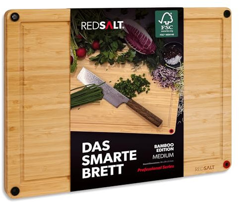 REDSALT® innovatives Bio Bambus Holz Schneidebrett rutschfest M 36x26x2,5cm | Holzbrett groß beidseitig verwendbar tiefe Saftrille | FSC zertifiziert premium Schneidbrett Küche Geschenk nachhaltig