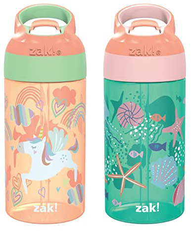 Zak Designs 16oz Riverside Kids Water Bottle with Spout Cover and Built-in Carrying Loop, Made of Durable Plastic, Leak-Proof Design for Travel (Unicorn & Shells, Pack of 2)