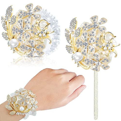 Künstliche Ansteckblume für Handgelenk, Blume, Strass, Handgelenk, Ansteckblume aus Kunstseide, für Hochzeit, Boutonniere, Handgelenk, Blumen, Party, Brautparty, 2 Stück (Gold, Elfenbein,