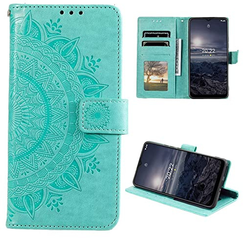 CoverKingz Handy Hülle kompatibel mit Nokia G21 / G11 - Handyhülle mit Kartenfach Bookcover Case - Handy Tasche klappbar Motiv Mandala Grün