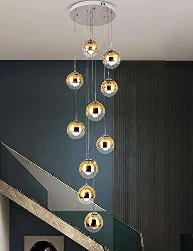 Kinbolas Moderne Escalier Suspendu Lustre,Plafonnier Lustre Verre Boule Suspension,Lampe Led,Grand Multi Ampoule Luminaire Suspendu Pour Salon,Cage Descalier,Couloir,Villa(Color:or)