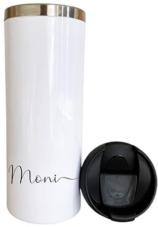 Manufaktur Liebevoll Thermobecher mit Namen | stilvoller Isolierbecher mit Anfangsbuchstaben und Namen I Personalisiertes Geschenk | verschiedene Motive zur Auswahl (Motiv Moni weiß)