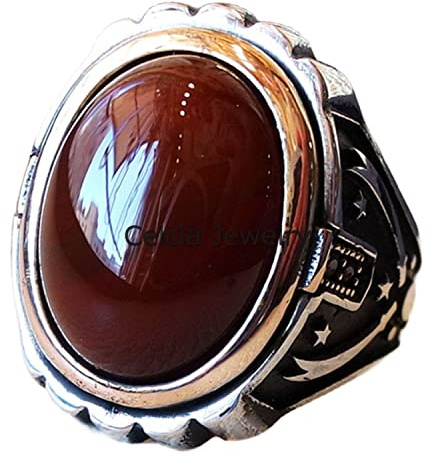 Echter Halbedelstein mit Karneol, Silber, Emaille, ovaler Ring, arabischer, osmanischer, türkischer, antiker Schwertstil, seitlicher schwarzer CZ-Ring, klassischer Ring, Geschenke für Männer (Karneol)