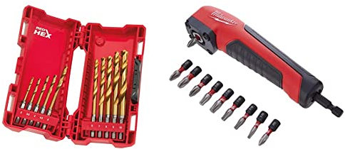 Milwaukee Hss-G 10PC Titanium Red Hex Drill Bits & 4932471274 Shockwave Impact Duty Right Angle Attachment 11 Piece