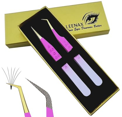 Leenax 2 Pieces Fiber Tip (Anti – Slip) Eyelash Extension Tweezers, Straight and 45-Degree Volume Tweezers, Japanese Stainless Steel, Hearts Design (Pink Tulip)