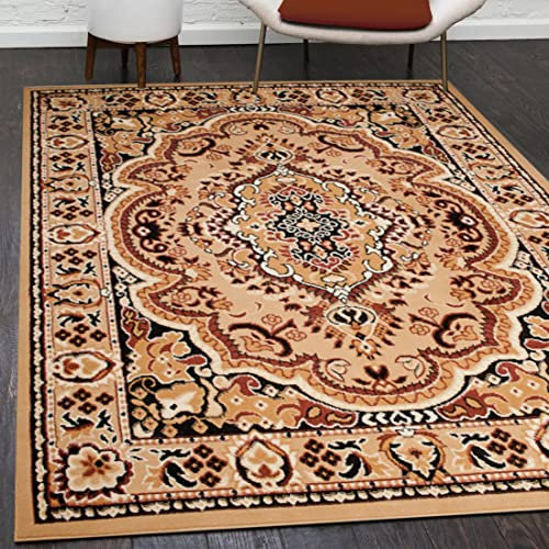 Mazovia Orientalisch Vintage Teppich - Kurzflor - Muster mit Medaillon - Traditioneller Teppich für Wohnzimmer, Esszimmer - ÖKO-TEX Wohnzimmerteppich - Beige 60 x 100 cm