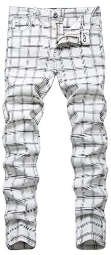 NOVOCCT Pantalon à carreaux pour homme – Pantalon habillé skinny pour homme – Coupe ajustée et extensible – Chino décontracté pour homme, Blanc à carreaux, 52