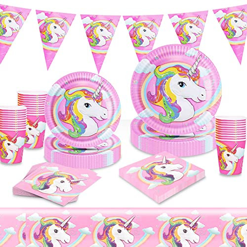 Raveparty 102 Pezzi Stoviglie Compleanno unicorno, Piatti Tovaglioli Tovaglia Bicchieri di Carta per Festa Bambino