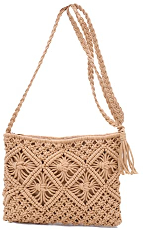 TeeYee Damen Exotisch Geflochtene Umhängetasche Strandtasche Retro Handtasche mit Quaste für Freizeit Urlaub tan