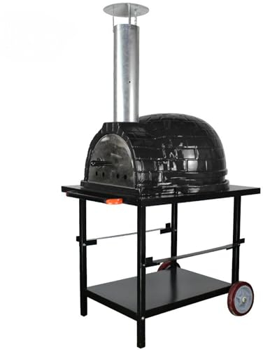 Sac Kamado Ceramic Pizza Oven with Steel Cart, 66 cm Diameter, Stainless Steel Chimney and Window, Bakelite Handle, TPR Wheels, Including Brush and Shovel, Portable, Black