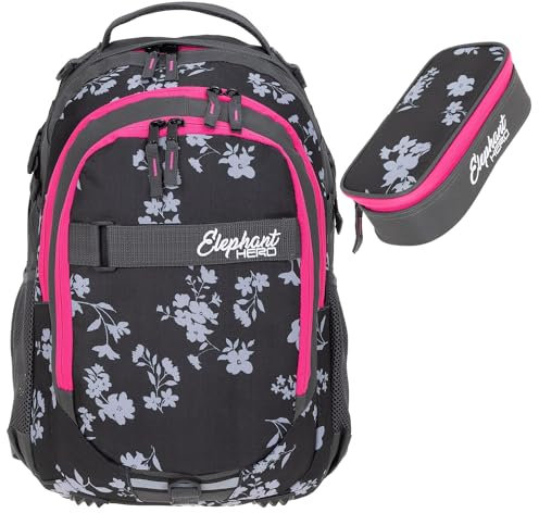 Elephant 2 Teile Set Rucksack Signature Hero Schulrucksack 12723 + Mäppchen Box (Grey Flower 12837)