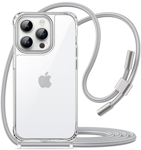 JETech Crossbody Case for iPhone 14 Pro 6.1-Inch with Adjustable Lanyard Strap, Clear Transparent Anti-Yellowing Shockproof Protective Phone Cover with Neck Cord (Silver)