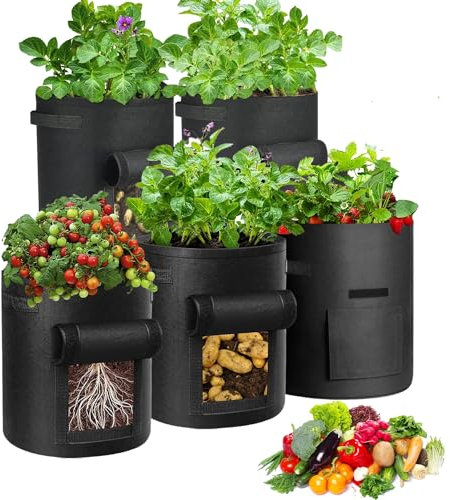 Podazz Bolsas de Cultivo Plantas 5 Piezas, 43L Bolsas de Cultivo de Papa con Asas duraderas y Ventana de Cosecha Bolsa de Siembra no Tejida para Papas Tomates Fresas