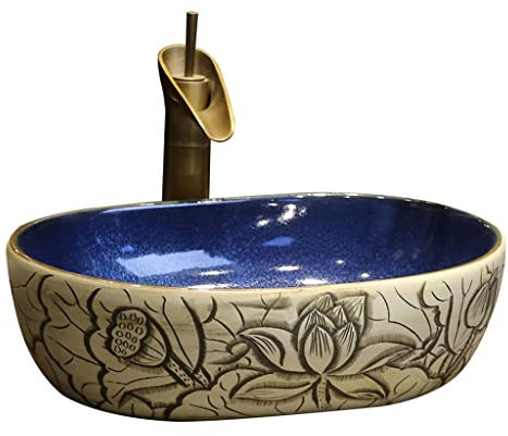 Lavandino da Appoggio per Bagno Lavandino della nave del bagno Lavabo ovale in ceramica Lavabo da appoggio intagliato con arte del loto Lavandino con rubinetto Lavandini del Bagno
