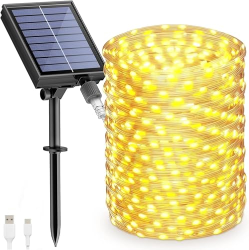 Lecone Solar Lichterkette Aussen, 12M 100 LED Solarlichterkette Außen USB/Solarbetrieben, 8 Modi IP65 Wasserdicht Kupferdraht Lichterkette Outdoor für Balkon Garten Party Hochzeit Deko