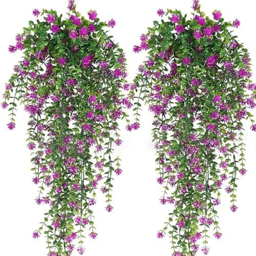 Taasmoog 2Pcs Artificial Hanging Flowers, UV-Resistant Fake Hanging Plants Flower Bouquet Garland Vines Hanging Silk Flowers for Garden Balcony Fence Outdoor Indoor Door Decoration(Fuchsia)