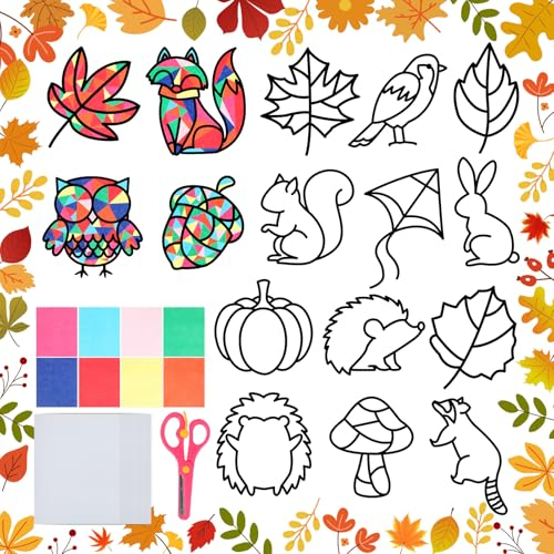 BOARDFEB Herbst Basteln, 16 Stück Bastelset Fensterbilder Bastelvorlagen Herbst DIY Herbst Fensterbilde Herbst Basteln für Bastelset Geschenk Deko