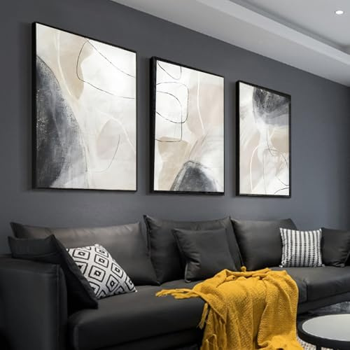 HEHGVCF Leinwand Bilder 3er Set,Beige Grau Leinwand Bilder,Moderne Leinwandbilder Wandposter,Abstrakte Wandbild Bilder Wohnzimmer Wanddeko Ohne Rahmen Kunstposter (D,50 x70cm)