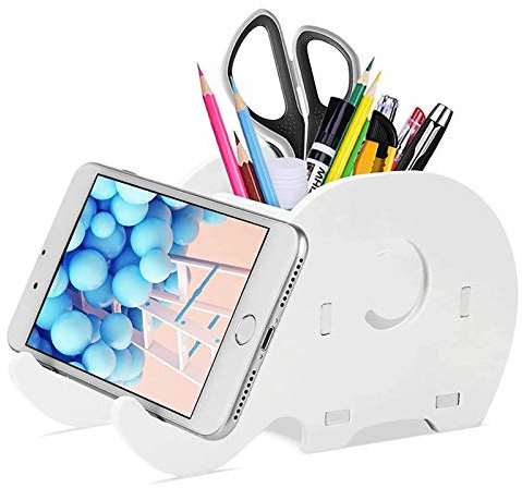 CHFYIJYHM Desk Supplies Organiser, Cute Elephant Pen Pot Pencil Holder with Cell Stand Tablet Desk Bracket Compatible Smartphone