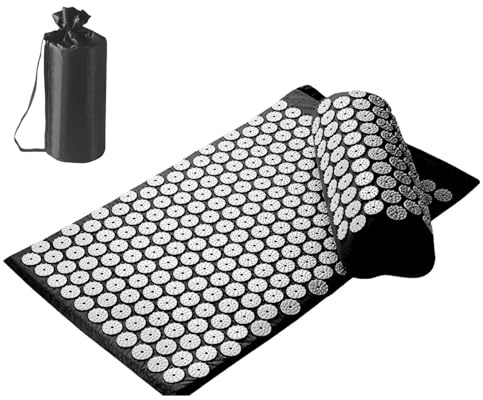 Portable Meditation Mat Set, Relaxation Spike Pillow, Spiked Acupressures Mat with Pillow, Comfort Yoga and Meditation Tools 25.59x16.14 for Home, Neck and Back Discomfort (Black, Red)