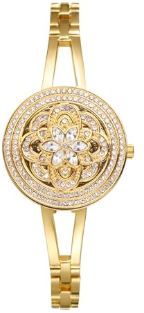 JewelryWe Damenuhr Glitzer Blume Uhren 30m Wasserdicht Analog Quarz Armbanduhr Spangeuhr Damen Schmales Edelstahl Armband Kleine Strass Diamant Uhr mit Muschel Zifferblatt