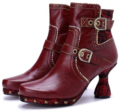 CrazycatZ Womens Leather Ankle Boots Floral Vintage Colorful Block Heels Ankle Boots Mid Calf Boots (Red Wine, Adult, Women, 9, Numeric, UK Footwear Size System, Medium)
