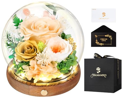 Forever Real Rose in Glass Dome,LED,Eternal Glitter Roses Flowers Preserved 5 Years,Gifts for Her Woman Wife Girlfriend on Birthday, Anniversary, Valentine's Day, Mother's Day, Christmas(Champagne)