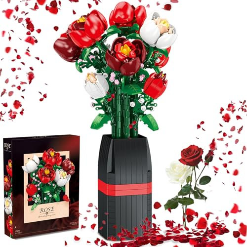 Caossuixin Set di 761 rose con vaso, set di mattoncini da costruzione, per San Valentino, festa della mamma, compleanno, regalo romantico (con istruzioni per il montaggio)