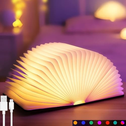 LOGT LED Buch Licht Faltbare Buchlampe USB Aufladbare Hölzerne Nachttischlampe Dimmbar 7 Farbmodi Stimmungsbeleuchtung Nachtlicht Home Decor Buchleuchten für Kinder Wohnzimmer Schlafzimmer