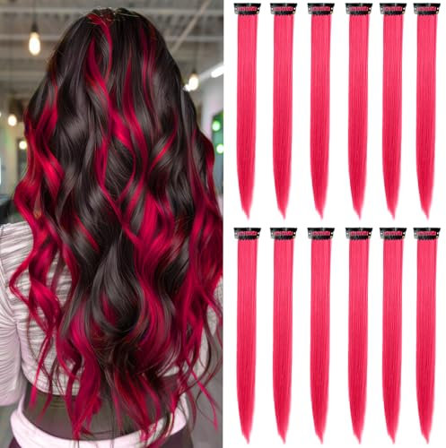 12 Pezzi Extension Clip-in Capelli 55cm - Rosa Fuxia Sintetico con Fibra Lucente per Ragazze 12+/Donne (Accessori per Feste & Carnevale)