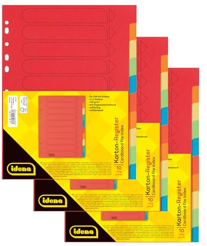 Idena 90267 - Karton-Register für DIN A4 Dokumente, 22,5 x 30 cm, 30 vollfarbige Trennblätter in 10 Farben, 150g/m², Organizer mit Eurolochung und Organisationsdruck