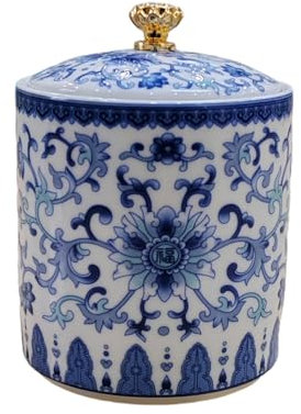 wsmart Vintage Blue and White Porcelain Salt Cellar with Lid Ceramic Salt Holder Container for Countertop, Airtight Spice Jar, Kitchen Storage Dish