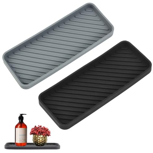 2 Stück Silikon Spülbecken Organizer, 22.5 x 9cm Küchen Badezimmer Organizer Abtropfmatte, Silikon Schwammablage Waschbecken, Spülmaschinenfestes, für Spülmittel, Seifen, Bürsten (Schwarz, Grau)