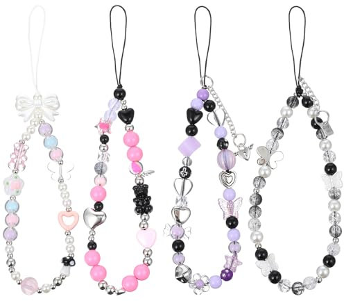 4 braccialetti da polso con perle e ciondoli per telefono, cordino anti smarrimento, graziosi ciondoli per cellulare, portachiavi, decorazione per borse, zaini, portafogli (viola, rosa, nero)