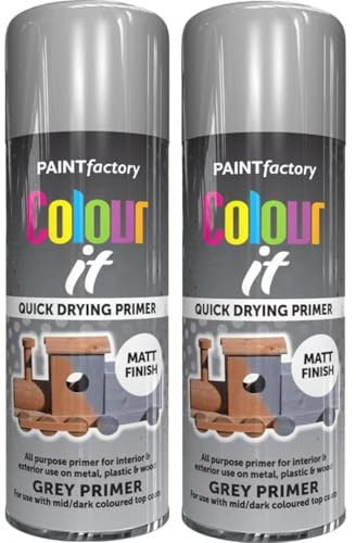Spray Paint Grey Primer Matt Finish 250ml - 2 Pack Quick Dry Aerosol Can All Purpose for Wood, Metal, Plastic, Interior & Exterior