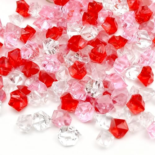 wuyukeji Falsche Crushed Ice Rocks,500G Acryl Deko Diamanten,Acryl Kristallsteine,Klar Farbige Steine für Befüllen von Dekovasen und zum Basteln(Rot + Rosa + Transparent)