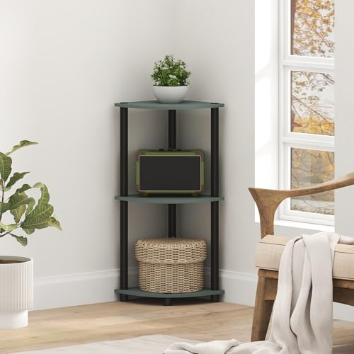 Furinno TURN-N-TUBE 3-Tier Corner Shelf, Bookcase, Sage Green | Display Storage Shelves with Open Shelves, for Organization and Storage, Living Room, Home Office, Garage