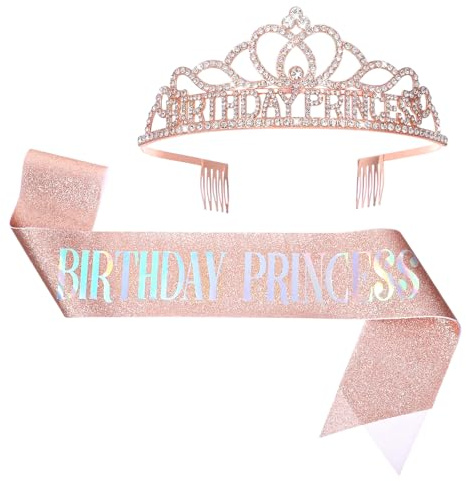 Geburtstagskrone und Schärpe für Damen,Geburtstags Kristall Prinzessin Krone,Roségold Geburtstagskrone Schärpe,Elegante Geburtstag Krone für Geburtstag Dekorationen
